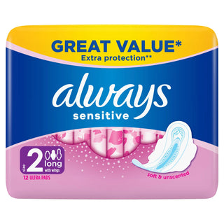 ALWAYS Sensitive Long Ultra (Size 2) Sanitary Towels Wings 12 pads